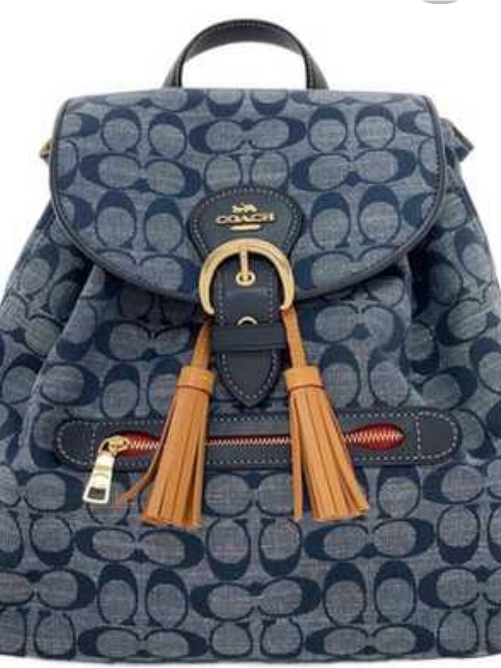 Coach Denim Cleo Signature Canvas Backpack with Tan Tassels